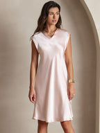 100% Mulberry Silk Cap Sleeve V Neck Knee Dress