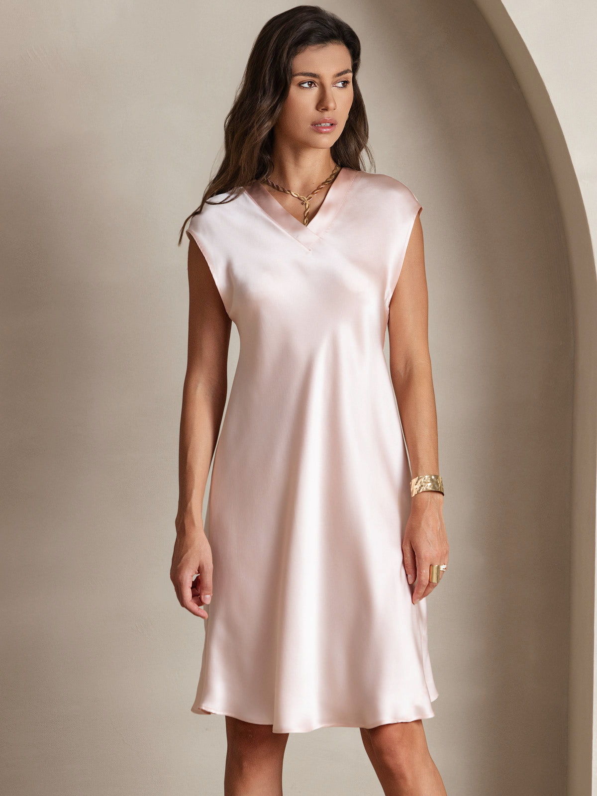 100% Mulberry Silk Cap Sleeve V Neck Knee Dress