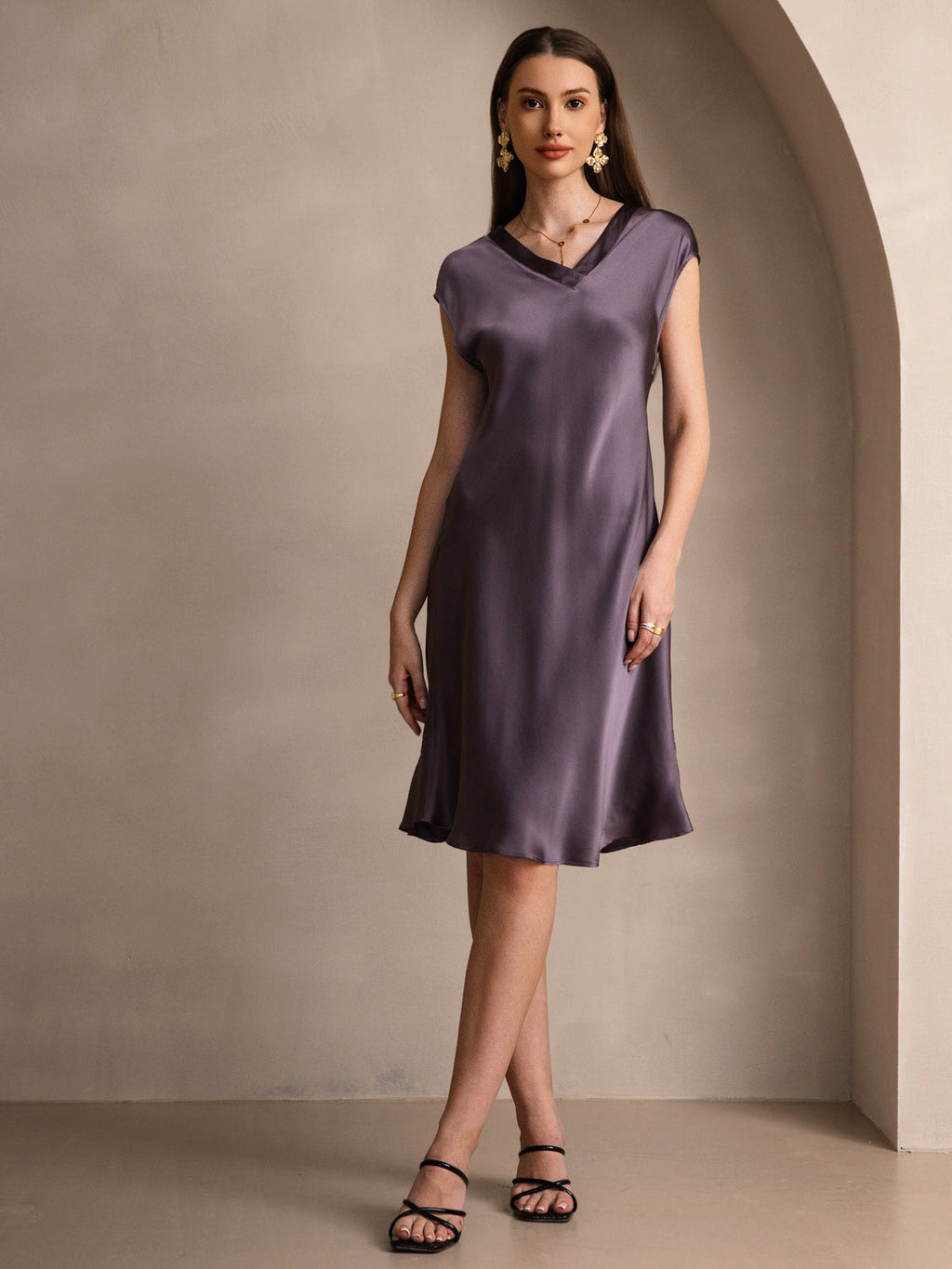 100% Mulberry Silk Cap Sleeve V Neck Knee Dress