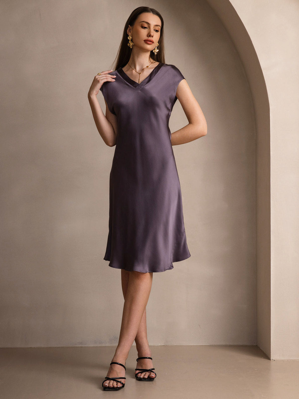 100% Mulberry Silk Cap Sleeve V Neck Knee Dress