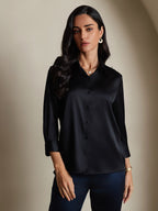 19Momme Silk 3/4 Sleeve Lapel Collar Women's Shirt with Button Up Design