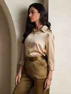 19Momme Silk 3/4 Sleeve Lapel Collar Women's Shirt with Button Up Design