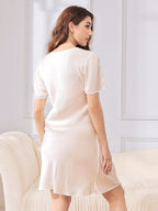 Women's 100% Mulberry Silk Puff Sleeve V-neck Short Nightgown