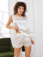 100% Mulberry Silk Sleeveless Round Neck Women's Pajamas Set