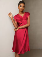 100% Mulberry Silk Cap Sleeve V Neck Knee Dress