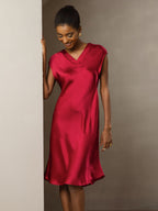 100% Mulberry Silk Cap Sleeve V Neck Knee Dress