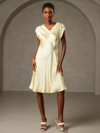 100% Mulberry Silk Cap Sleeve V Neck Knee Dress