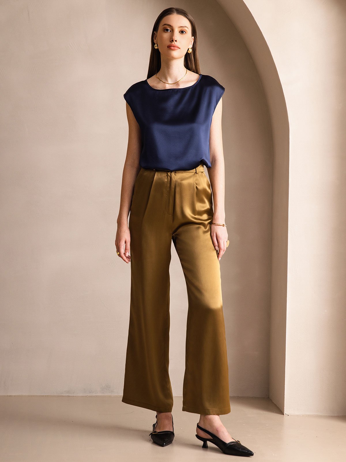 19Momme Silk Cap Sleeve Round Neck Women's Top