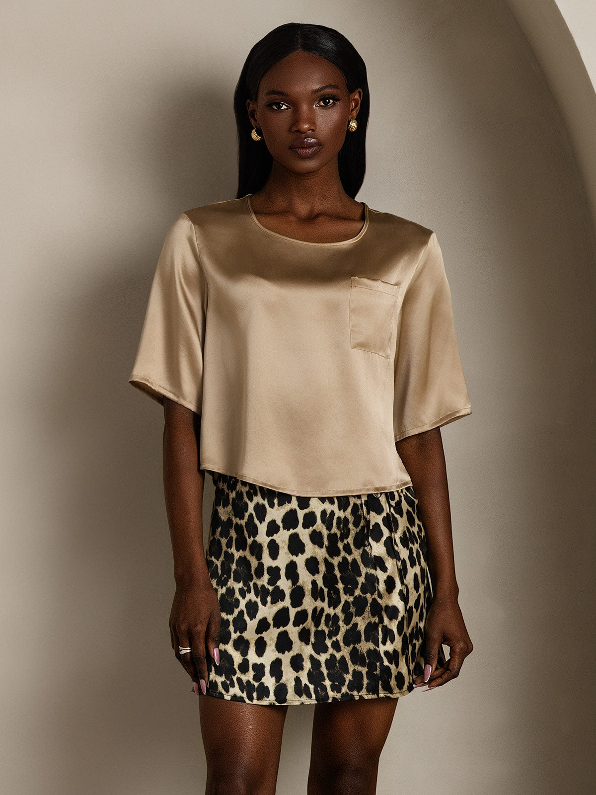 100% Mulberry Silk Women's Blouse Short Sleeve Boxy Crop Top