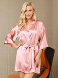 100% Mulberry Silk 3/4 Sleeve Short Women's Kimono Robe with Wrap Design