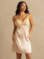 Pure Silk Spaghetti Strap Lace V neck Backless Short Nightgown