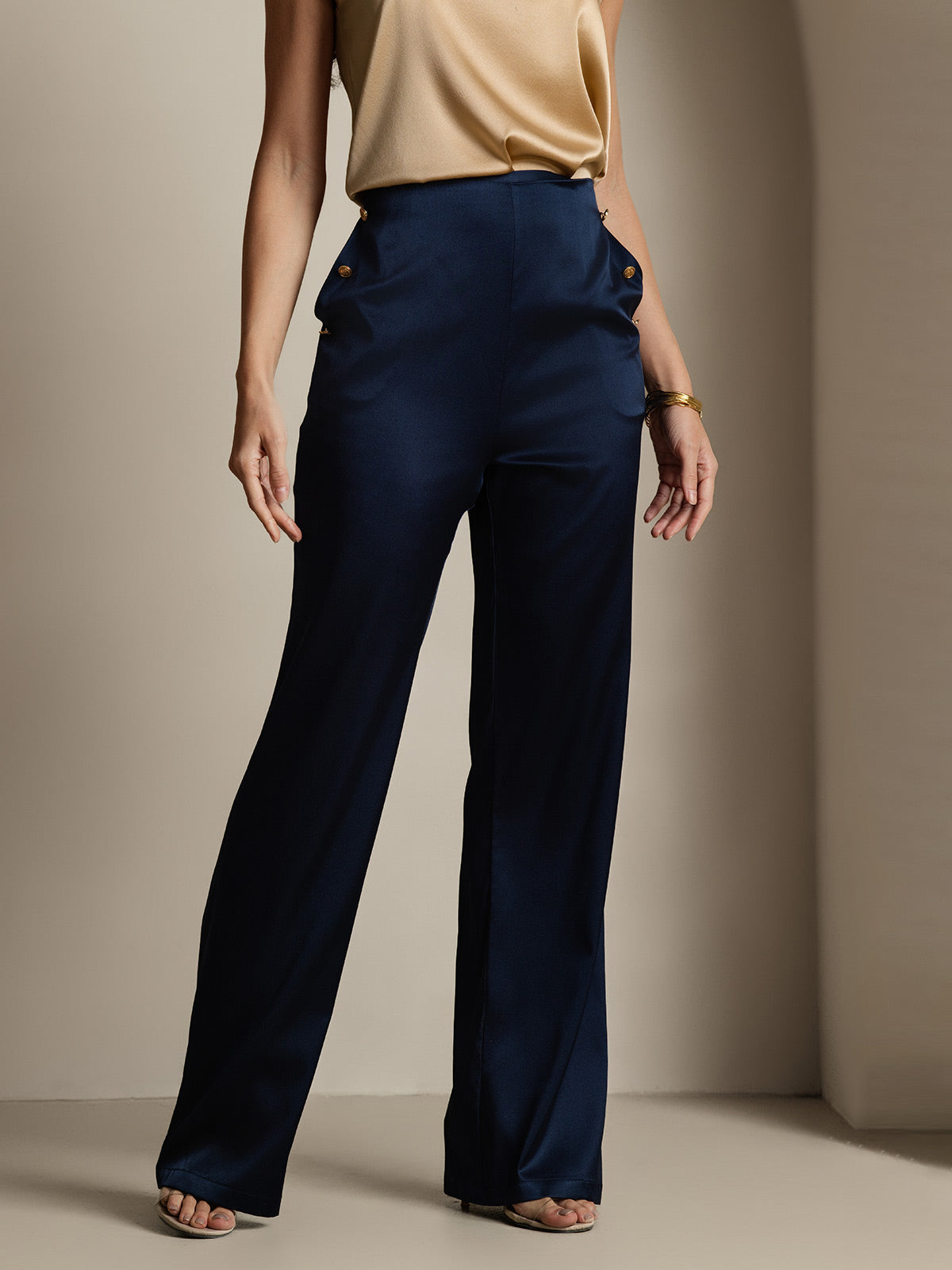 19Momme Silk High Waist Straight Fit Women's Pants with Back Elastic Waist Design