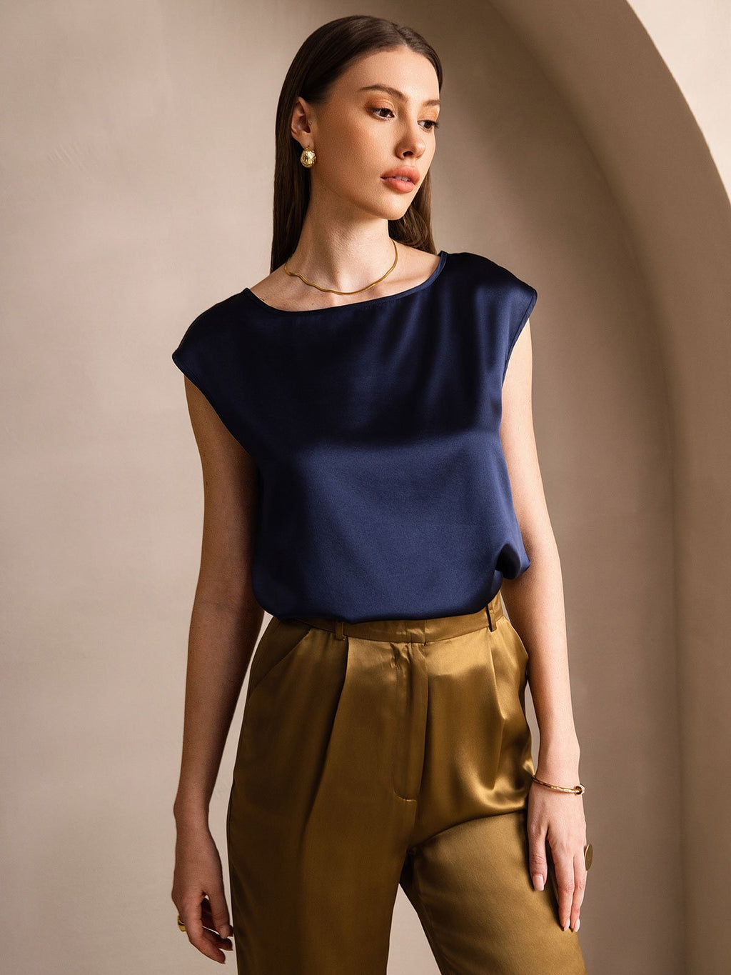 19Momme Silk Cap Sleeve Round Neck Women's Top