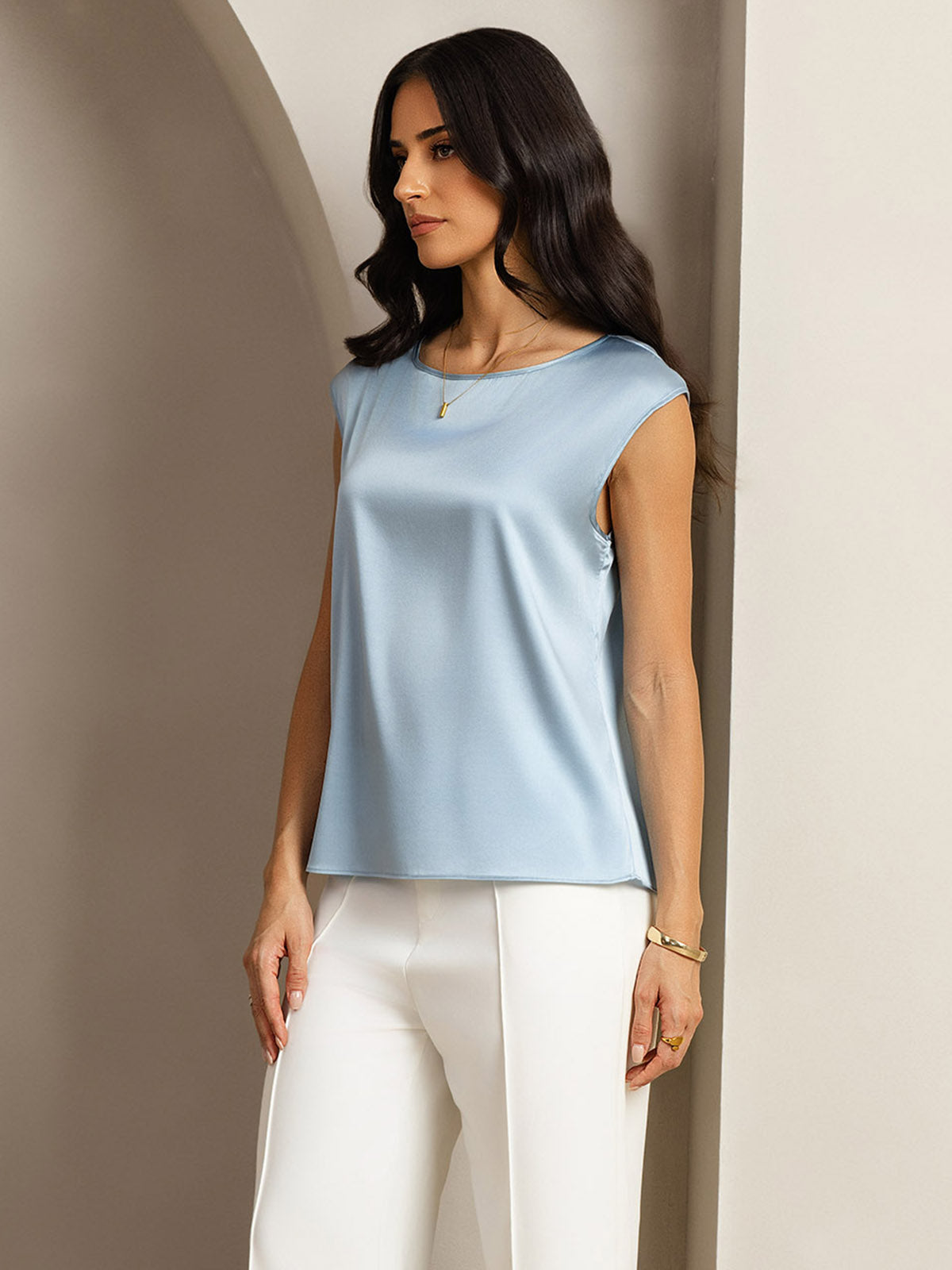 19Momme Women's Silk Cap Sleeve Round Neck Top