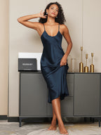 Women's 100% Mulberry Silk Spaghetti Strap V-neck Midi Nightgown