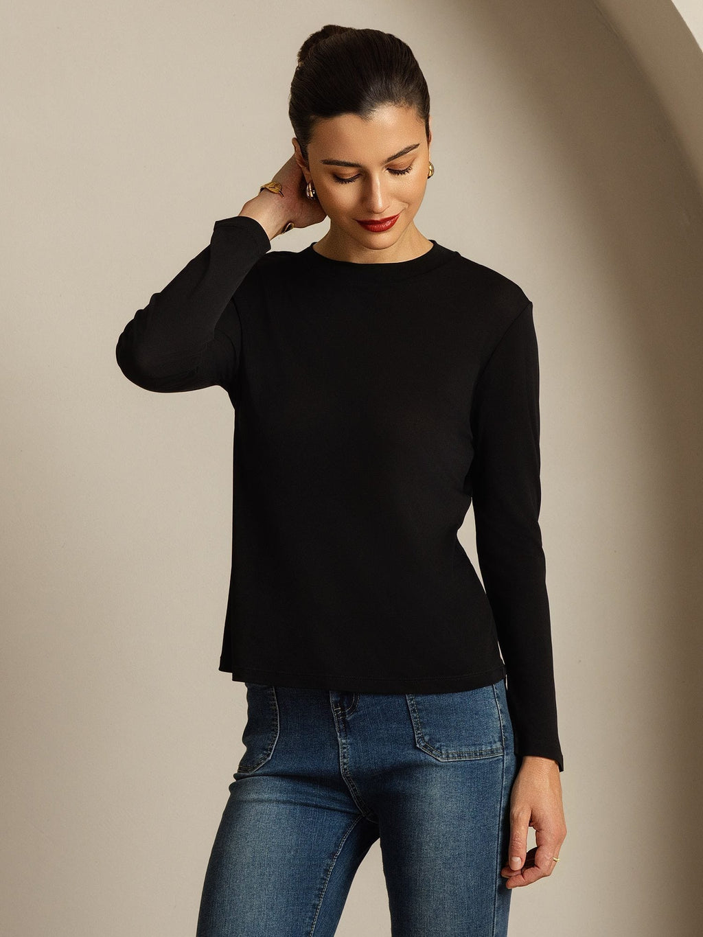 Women's Pure Silk Long Sleeve Round Neck Top