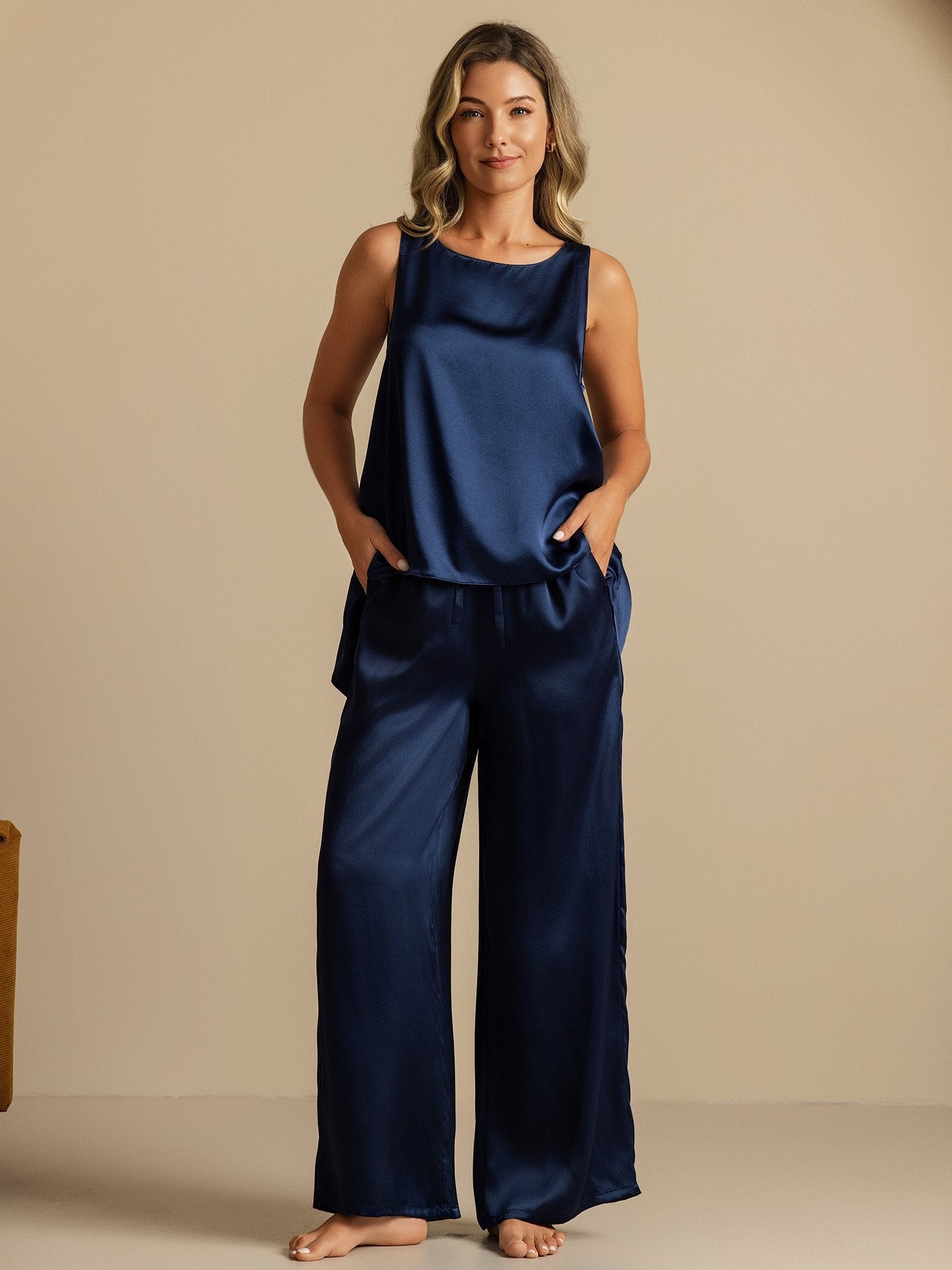 Pure Silk Sleeveless U-Neck Backless Slit High-low Tank Top