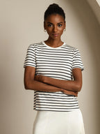 Pure Silk Crew Neck Short Sleeve Women's Sport Stripe Print T-Shirt