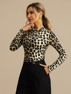 Pure Silk Wild Animal Print Women's Long Sleeve Mock Neck Top