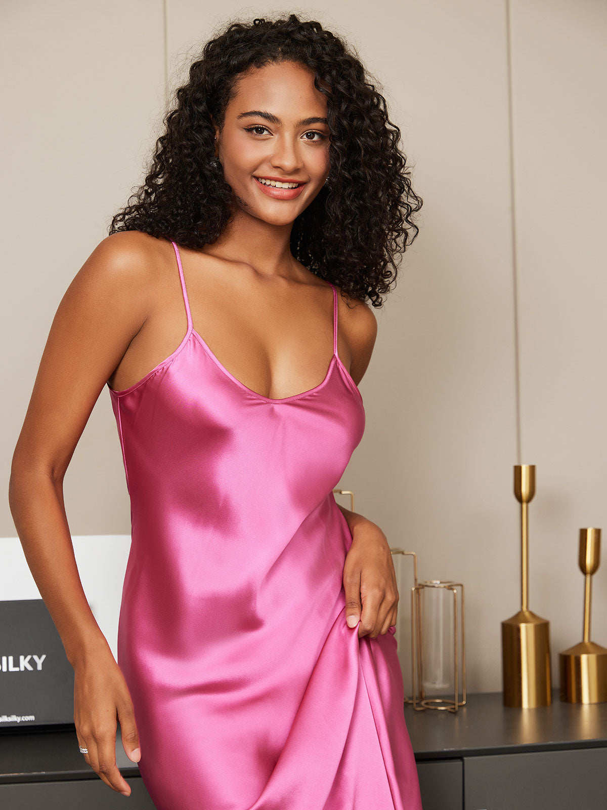 Women's 100% Mulberry Silk Spaghetti Strap V-neck Midi Nightgown