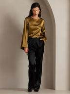 19Momme Silk High Waist Straight Fit Women's Pants with Back Elastic Waist Design