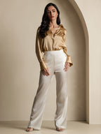 19Momme Silk High Waist Straight Fit Women's Pants with Back Elastic Waist Design