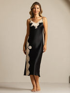 100% Mulberry Silk Spaghetti Strap Long Nightgown with Lace Split Design