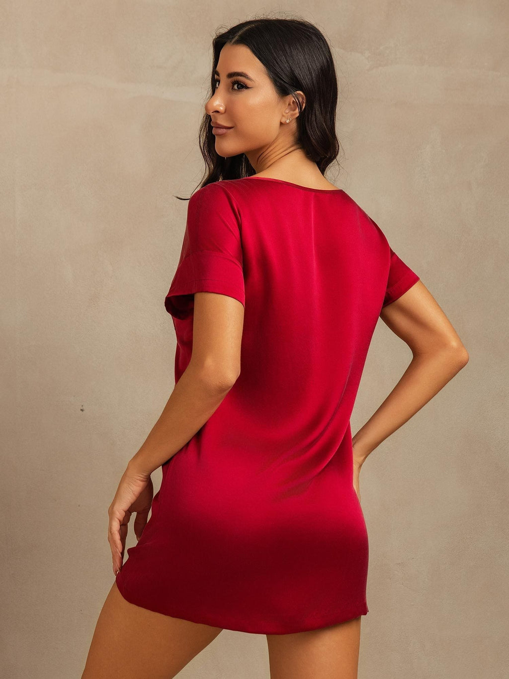 19Momme Washable Silk Short Sleeve Round Neck Short Nightgown