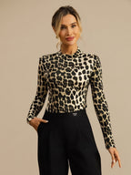 Pure Silk Wild Animal Print Women's Long Sleeve Mock Neck Top