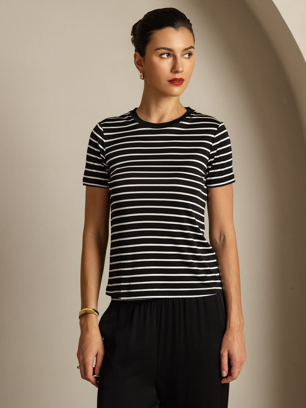 Pure Silk Crew Neck Short Sleeve Women's Sport Stripe Print T-Shirt