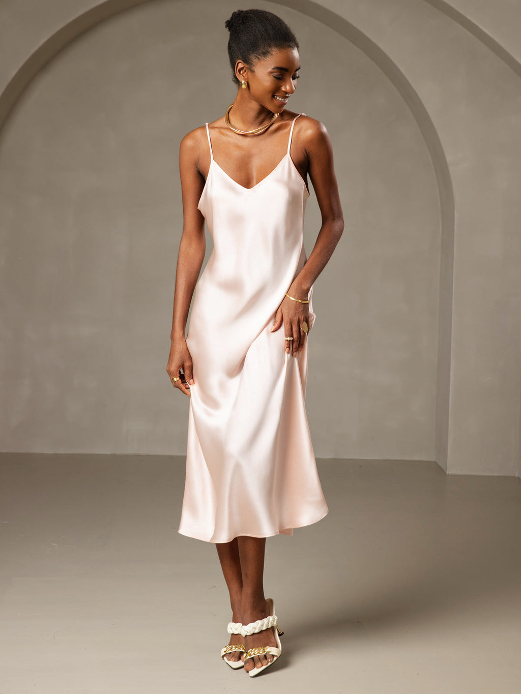 100% Mulberry Silk Spaghetti Strap Midi Long Dress