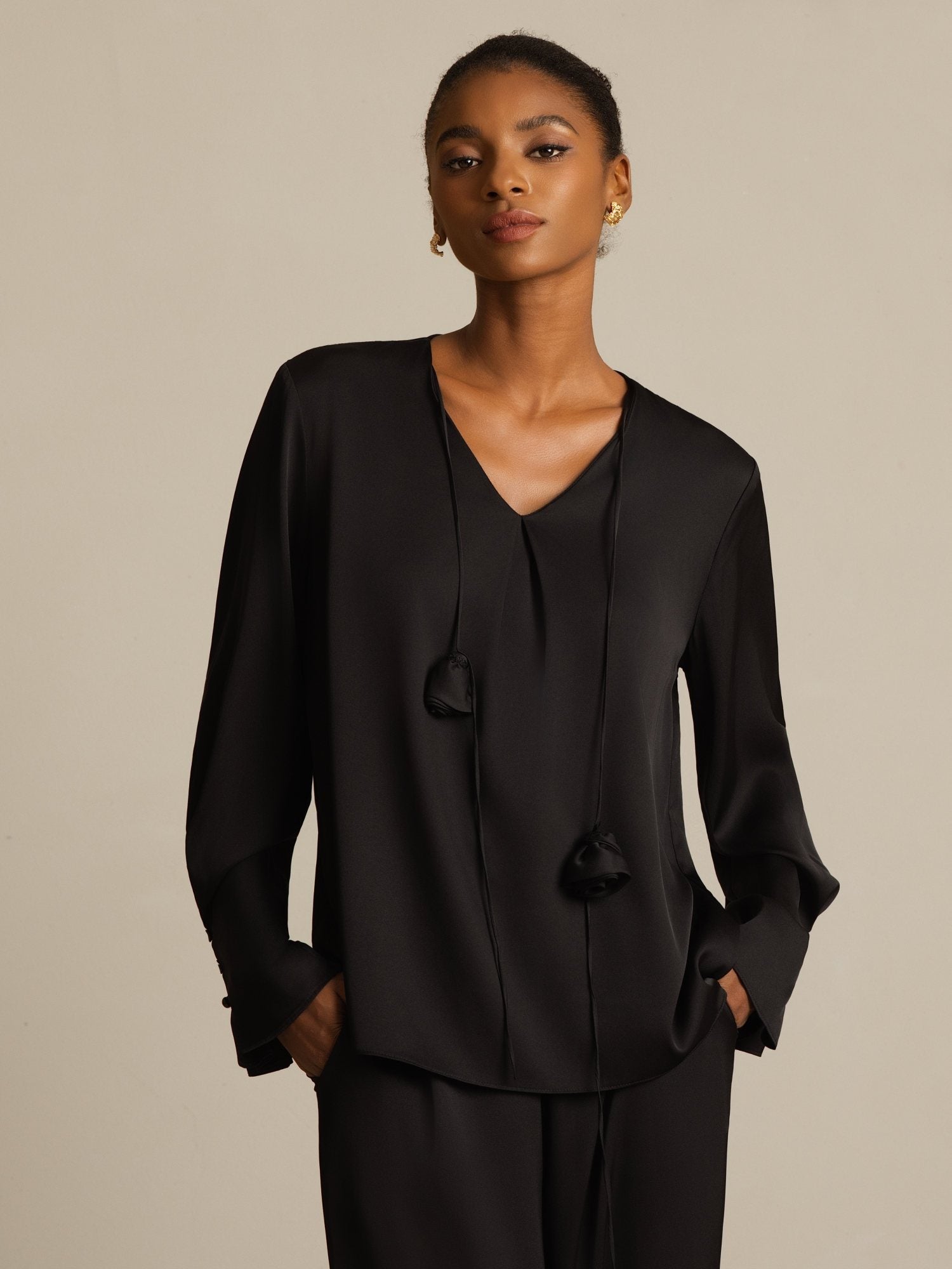 19Momme Silk Women's V Neck Long Sleeve Blouse With 3D Rose Detail