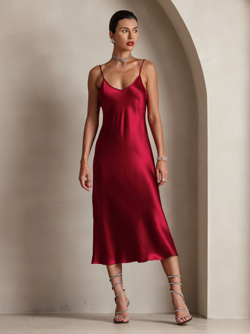 100% Mulberry Silk Spaghetti Strap V Neck Midi Dress