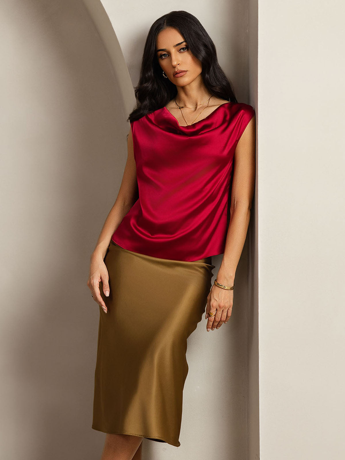 19Momme Silk Cap Sleeve Cowl Neck Women's Top