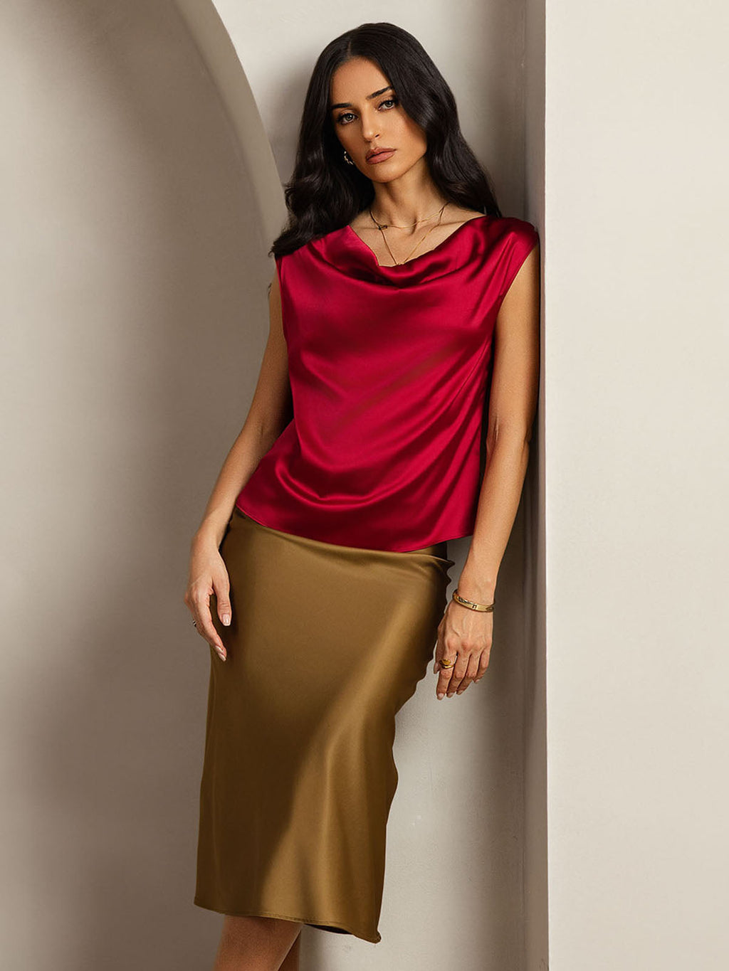 19Momme Women's Silk Cap Sleeve Cowl Neck Top