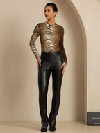 Pure Silk Wild Animal Print Women's Long Sleeve Mock Neck Top