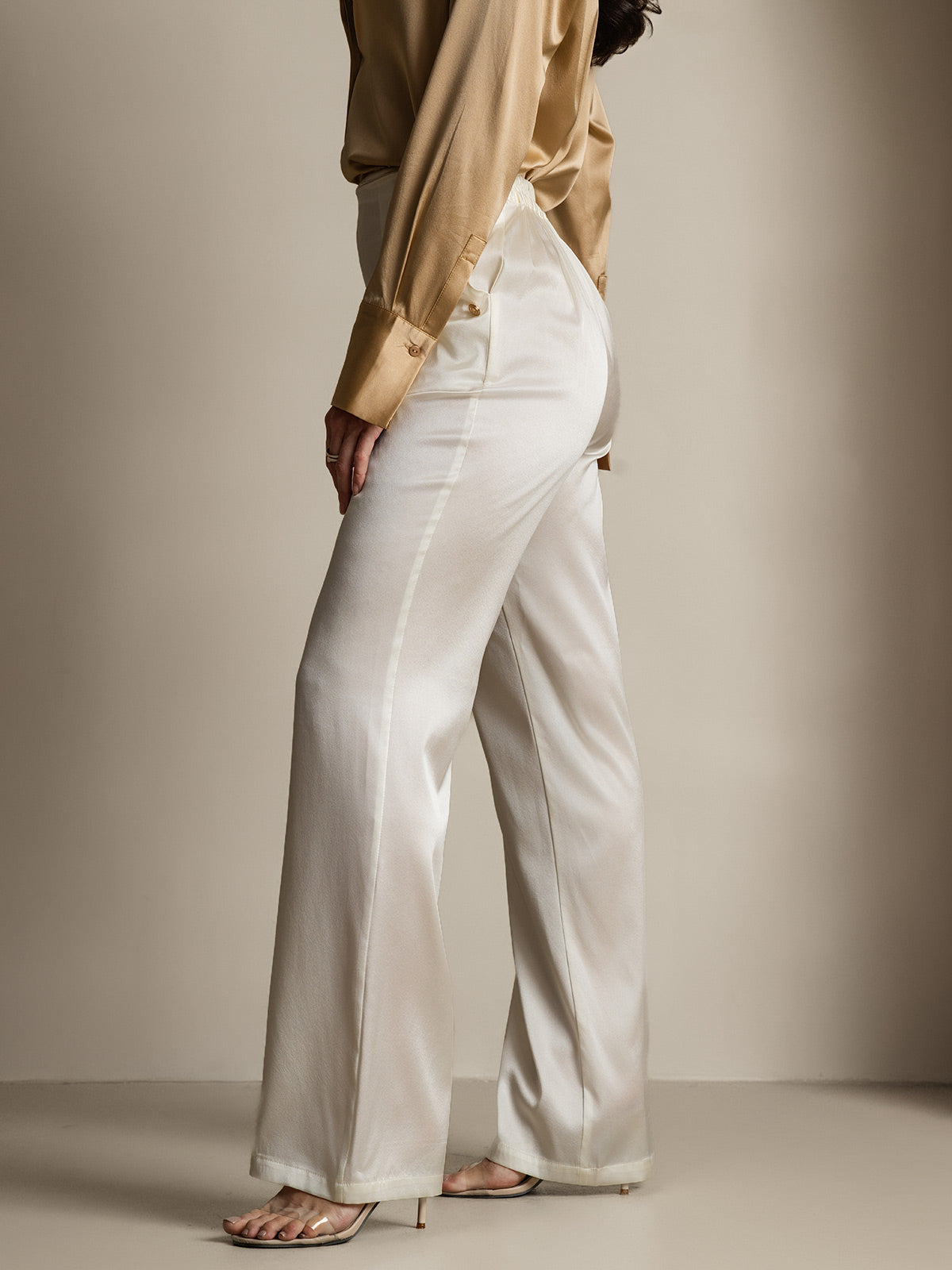 19Momme Silk High Waist Straight Fit Women's Pants with Back Elastic Waist Design