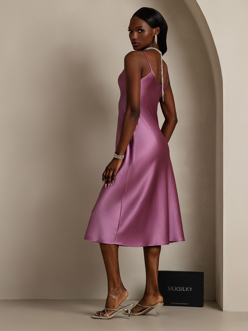 100% Mulberry Silk Spaghetti Strap V-neck Midi Nightgown