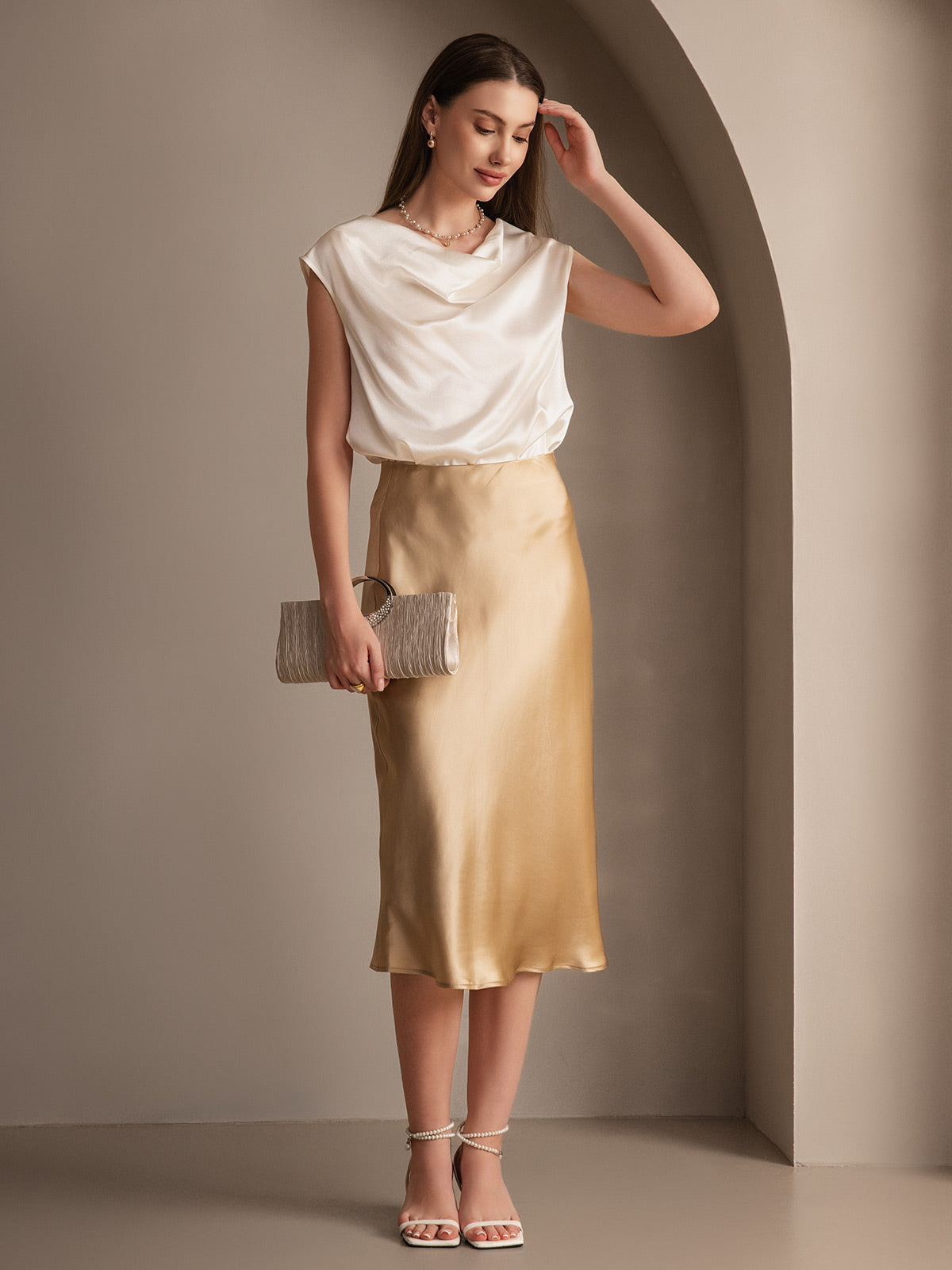 100% Mulberry Silk Stretch Long Straight Skirt