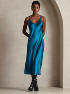100% Mulberry Silk Spaghetti Strap Midi Long Dress