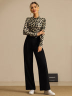 Pure Silk Wild Animal Print Women's Long Sleeve Mock Neck Top
