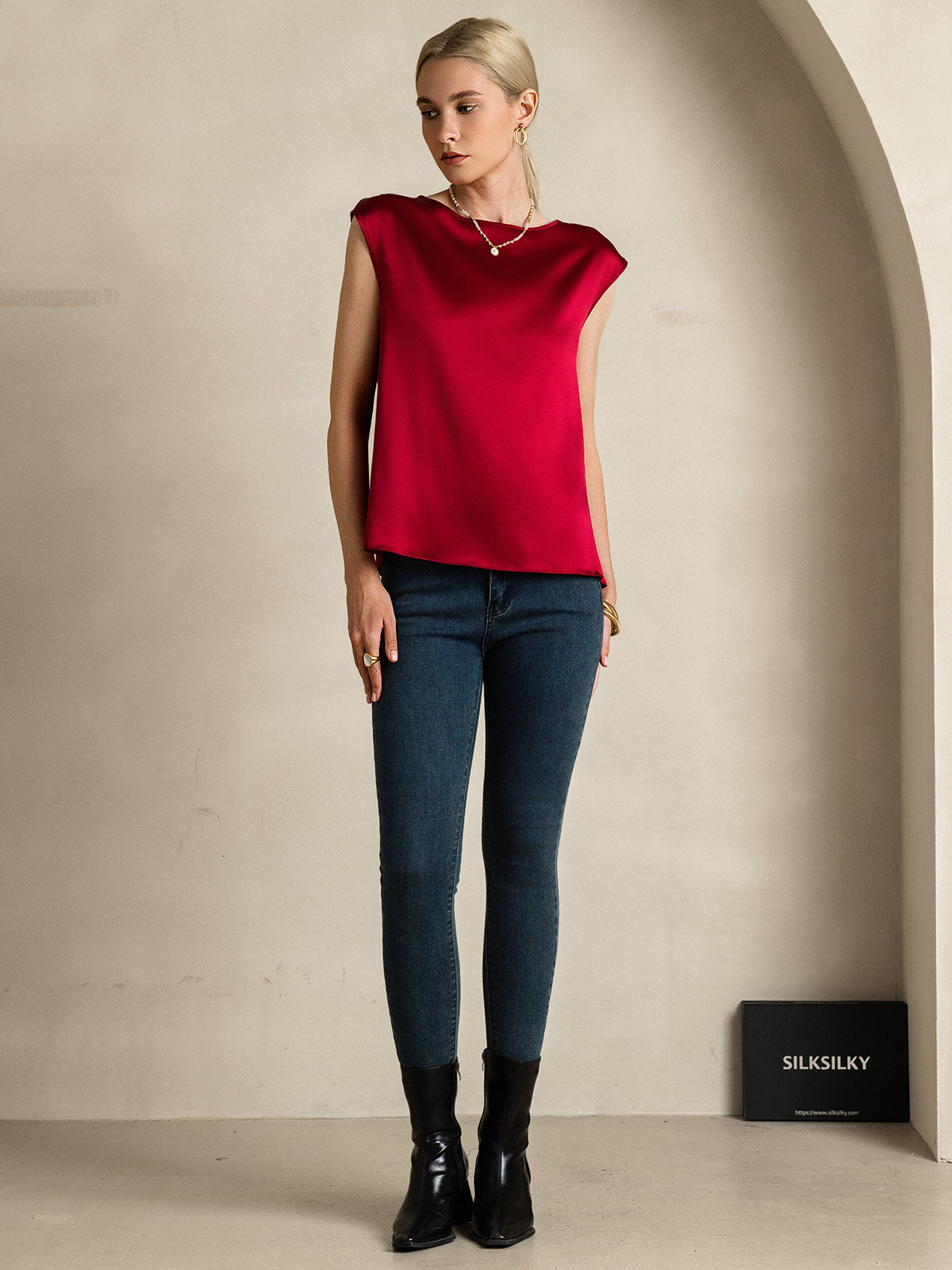 19Momme Silk Cap Sleeve Round Neck Women's Top