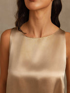 Pure Silk Sleeveless U-Neck Backless Slit High-low Tank Top