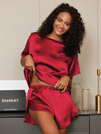 100% Mulberry Silk Short Sleeve Round Neck Women's Pajamas Set