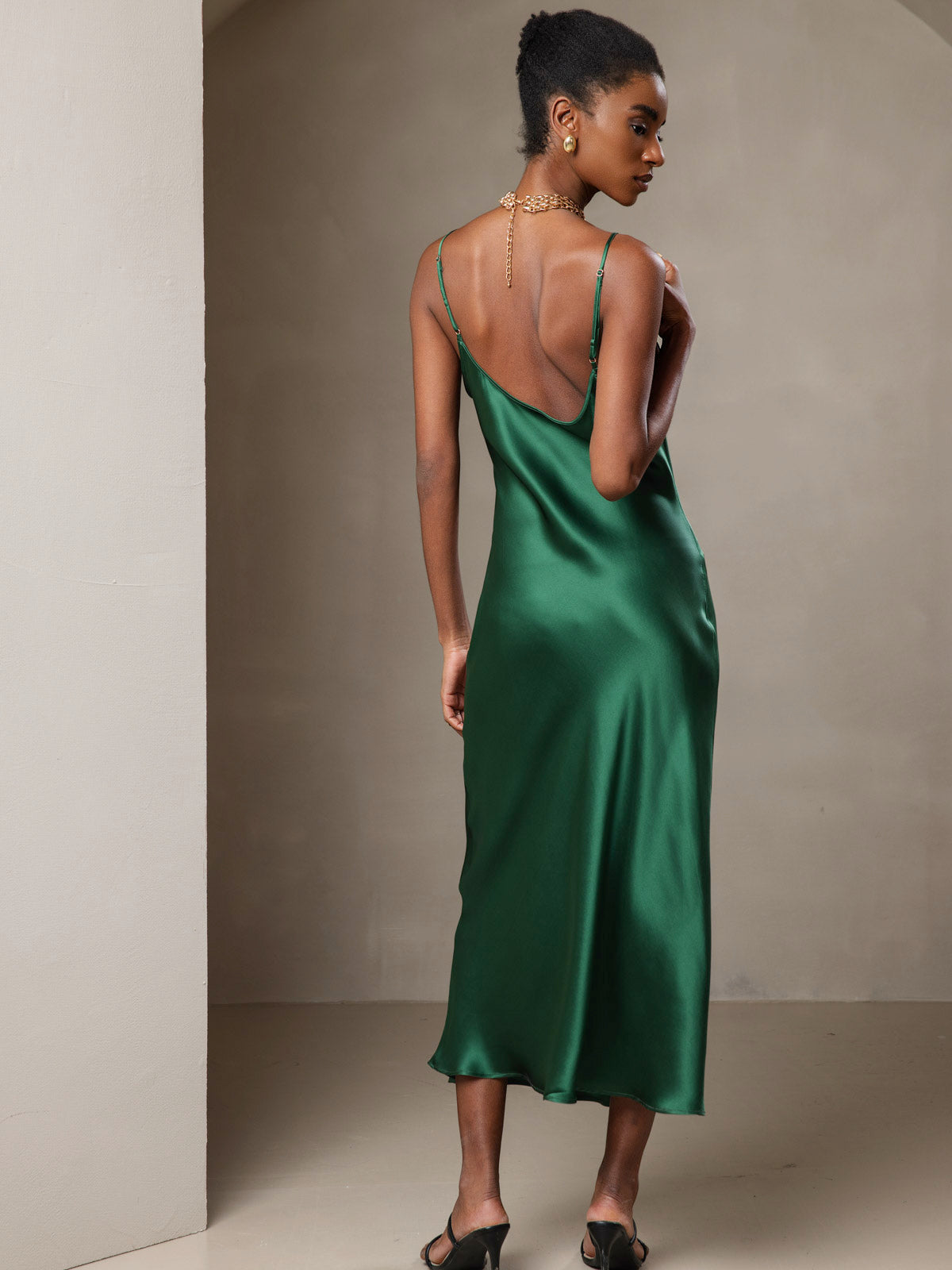 100% Mulberry Silk Spaghetti Strap V Neck Midi Dress