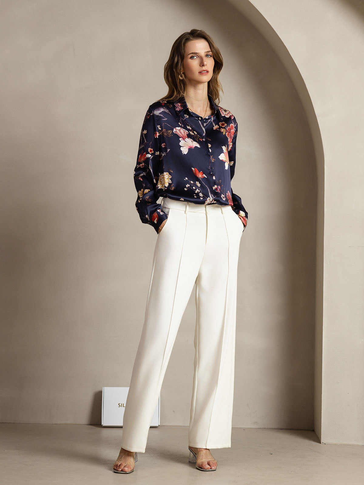 19Momme Silk Long Sleeve Lapel Collar Women's Shirt with Button Up Design