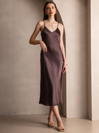 100% Mulberry Silk Spaghetti Strap V Neck Midi Dress