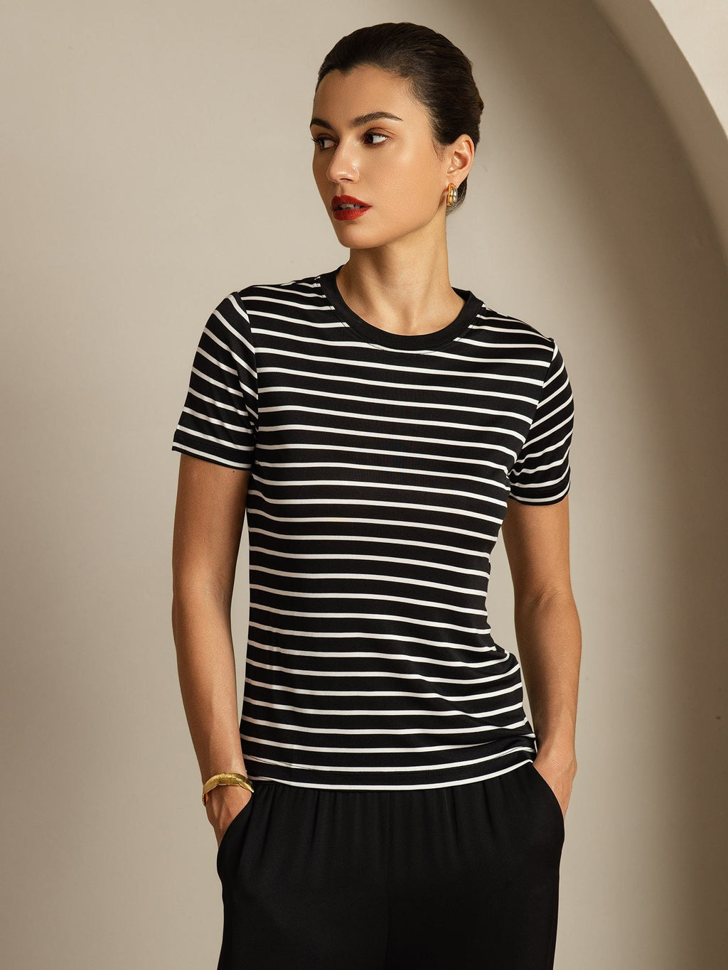 Pure Silk Crew Neck Short Sleeve Women's Sport Stripe Print T-Shirt