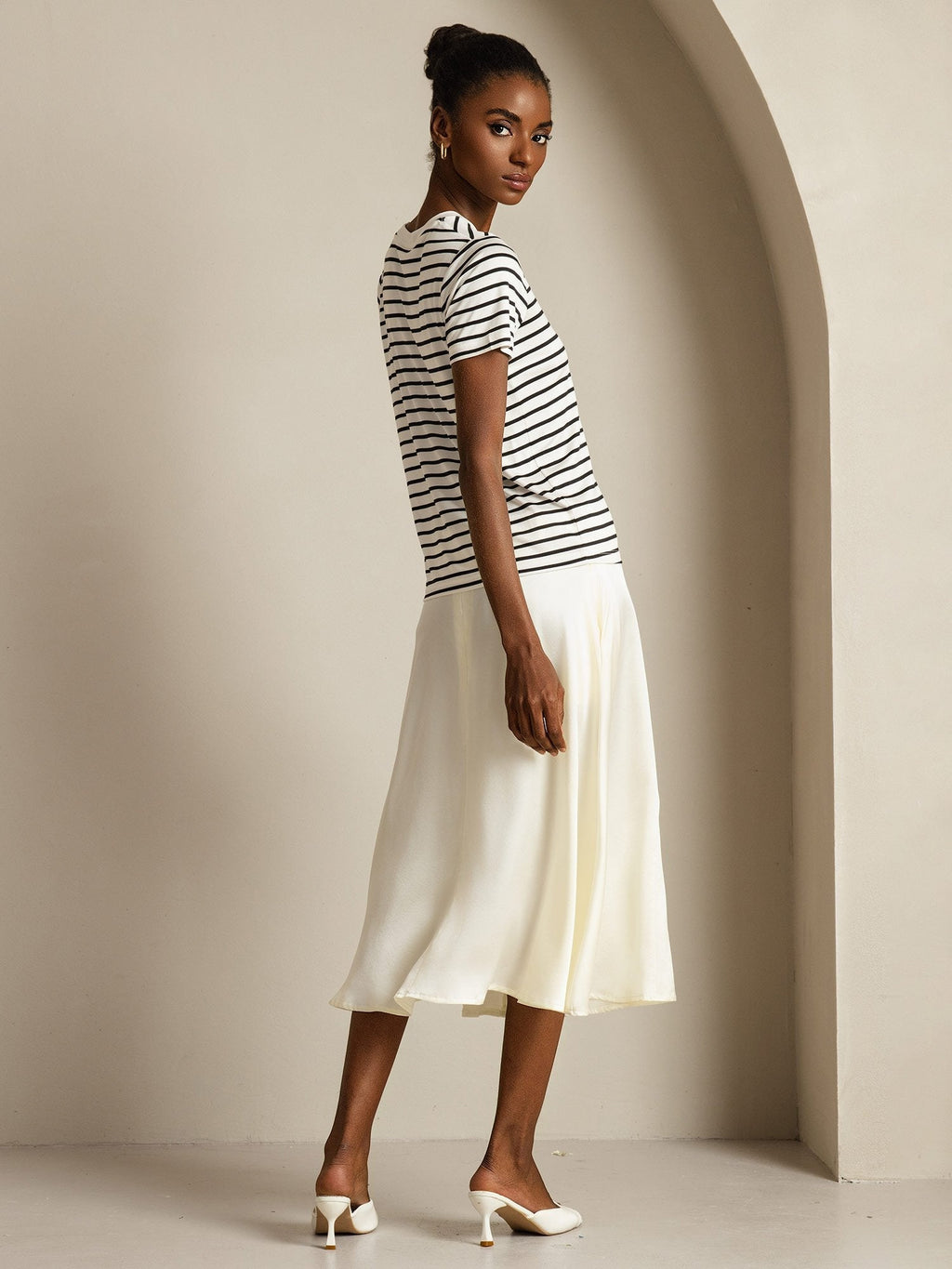 Pure Silk Crew Neck Short Sleeve Women's Sport Stripe Print T-Shirt