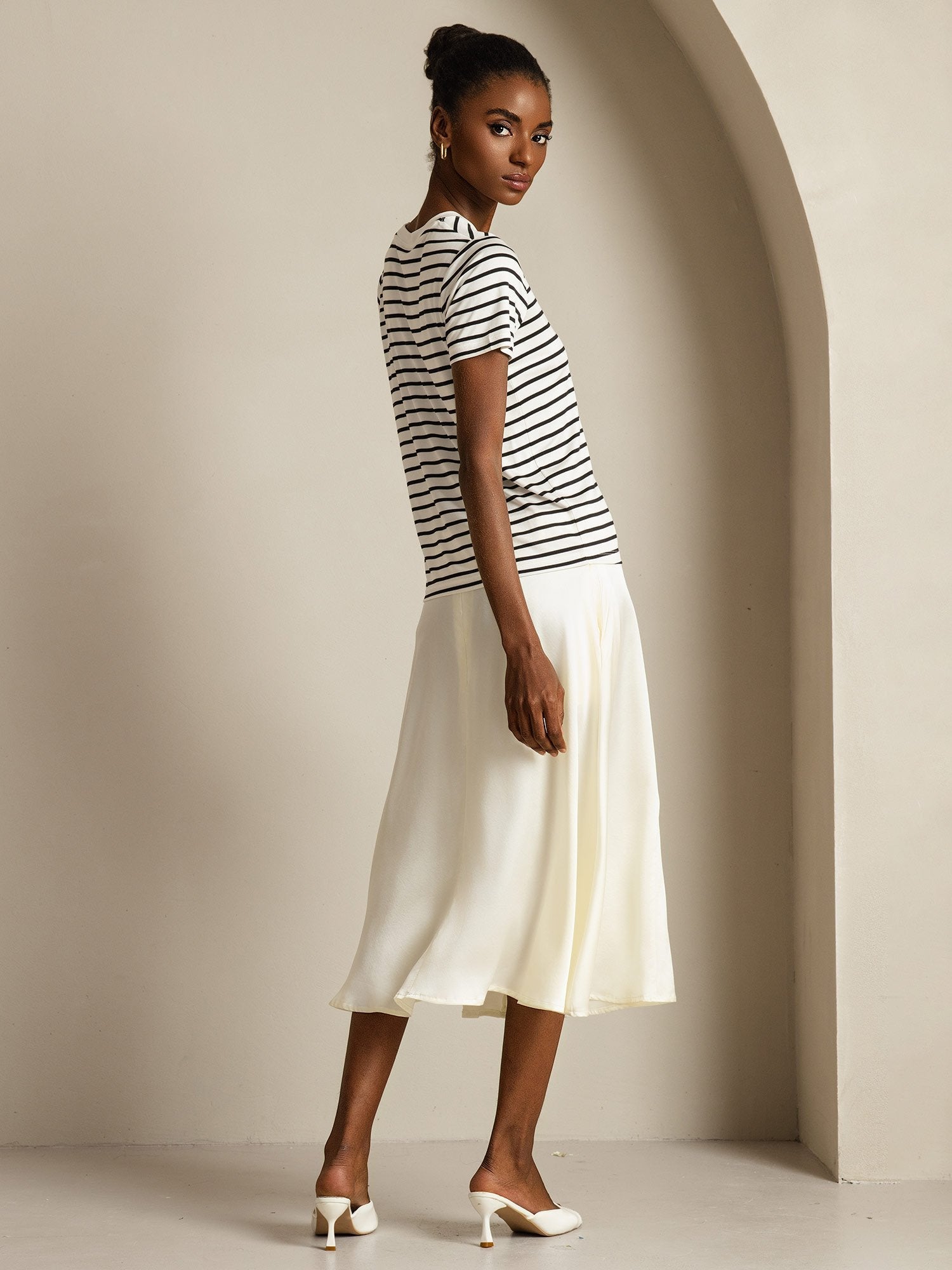 Pure Silk Crew Neck Short Sleeve Women's Sport Stripe Print T-Shirt